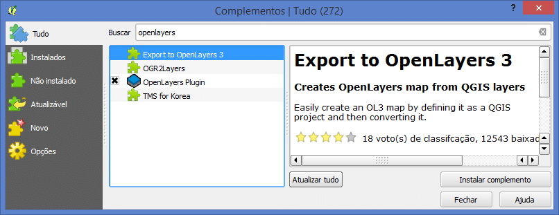Instalação do Complemento Export to OpenLayers 3