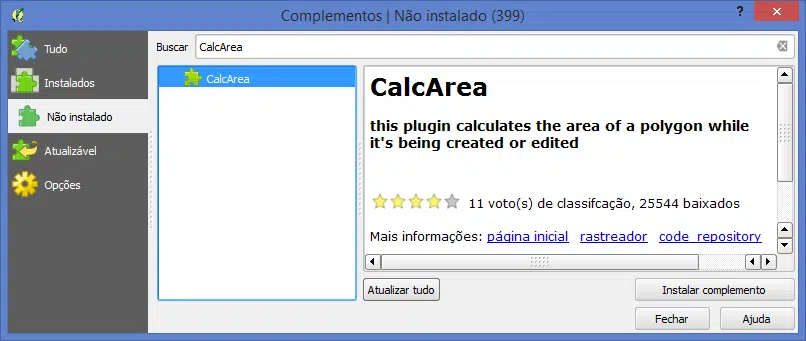 Plugin CalcArea instalado no QGIS